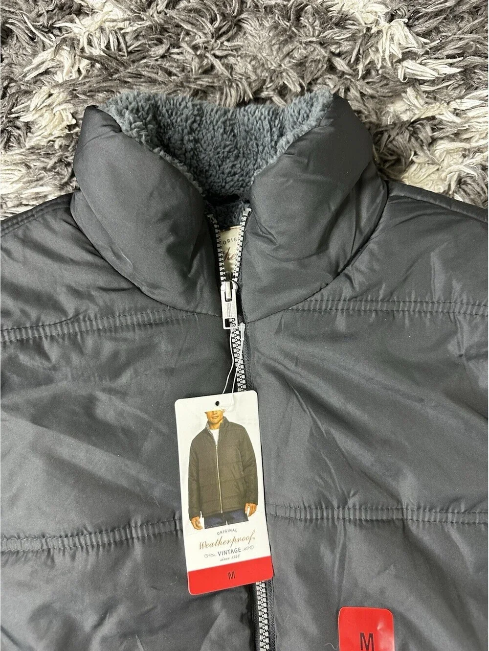 NWT Weatherproof vintage Puffer Jacket Mens Medium Black Sherpa Fleece Lined